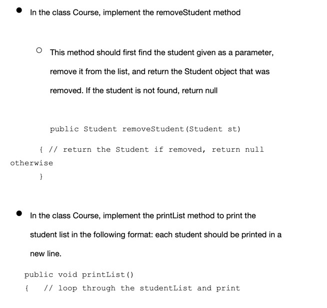 Solved • In the class Course, implement the removeStudent | Chegg.com