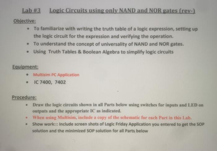 Solved Lab #3 Logic Circuits using only NAND and NOR gates | Chegg.com