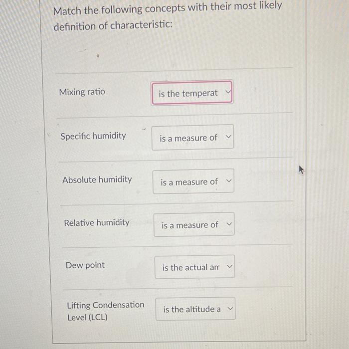 Match the following concepts with their most likely
definition of characteristic:
Mixing ratio
Specific humidity
Absolute hum