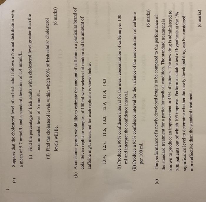 Solved (a) Suppose that the cholesterol level of an Irish