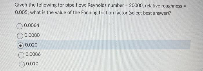 Solved Given the following for pipe flow: Reynolds number | Chegg.com