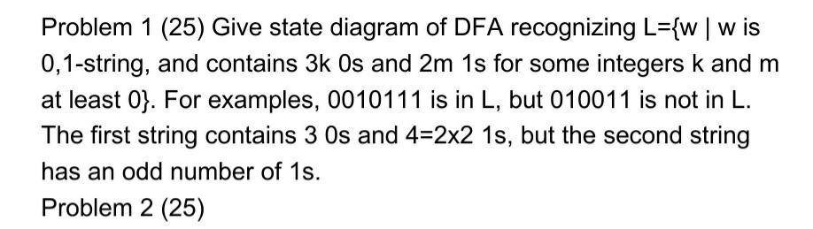 Solved Problem 1 (25) Give state diagram of DFA recognizing | Chegg.com