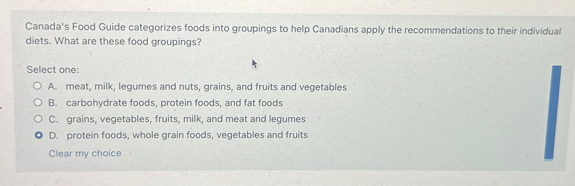 Solved Canada's Food Guide categorizes foods into groupings | Chegg.com