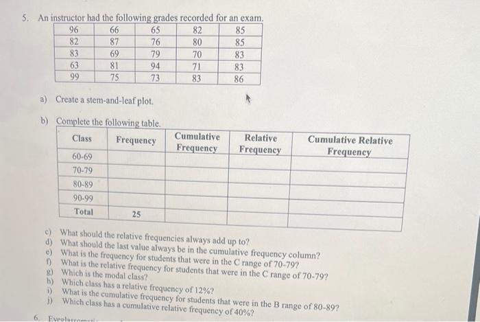 5. An instructor had the following grades recorded for an exam.
a) Create a stem-and-leaf plot.
b) Comnlata tha follin...sinn