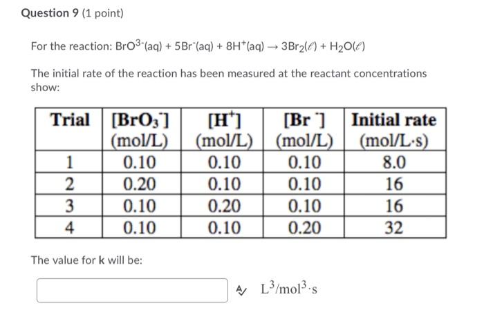 Solved Question 8 (4 points) For the reaction: Bro3-(aq) + 5 | Chegg.com