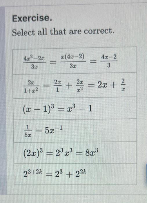 Exercise.
Select all that are correct.
\[
\begin{array}{l}
\frac{4 x^{2}-2 x}{3 x}=\frac{x(4 x-2)}{3 x}=\frac{4 x-2}{3} \\
\f