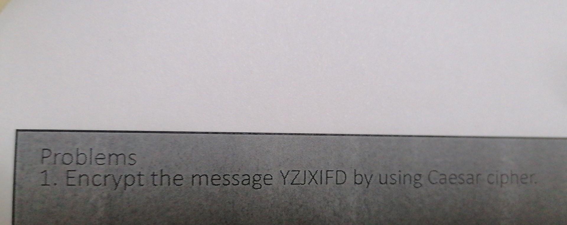 Problems
1. Encrypt the message YZIXIFD by using Caesar cipher