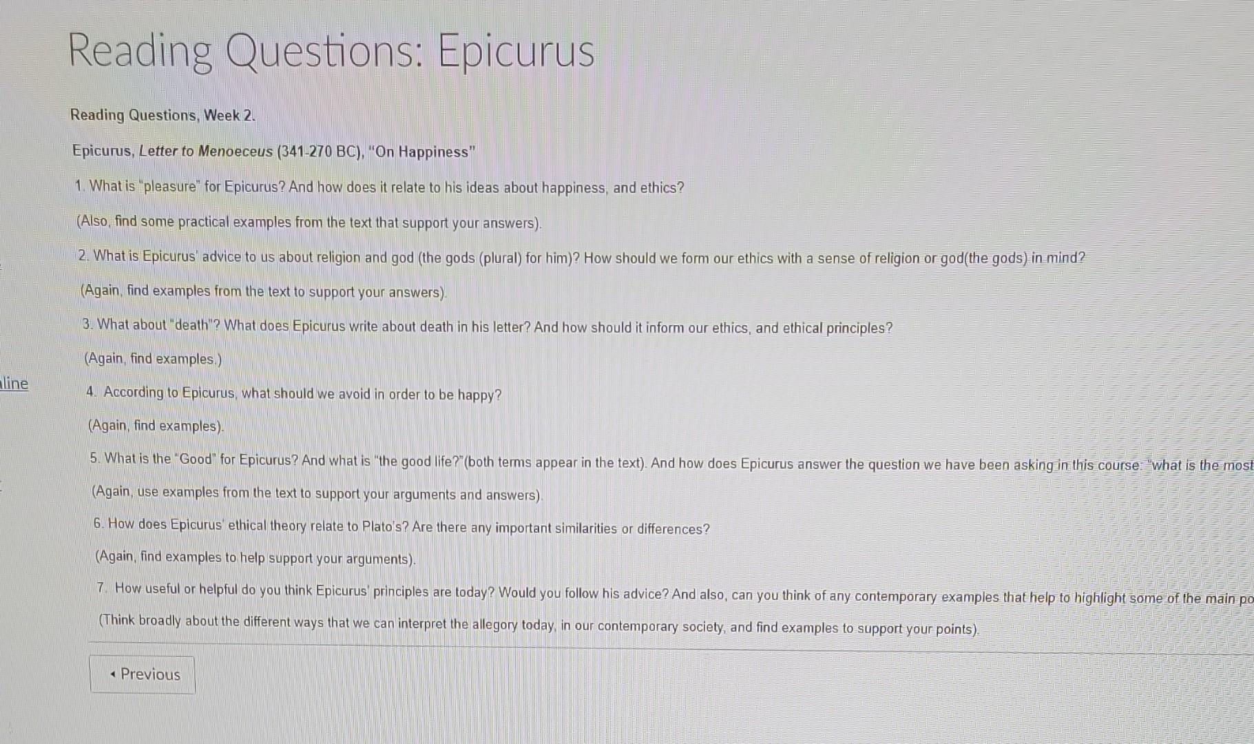 line Reading Questions: Epicurus Reading Questions, | Chegg.com