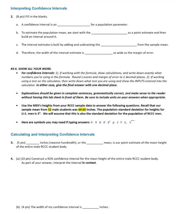 Solved Interpreting Confidence Intervals 2. (8 pts) Fill in | Chegg.com
