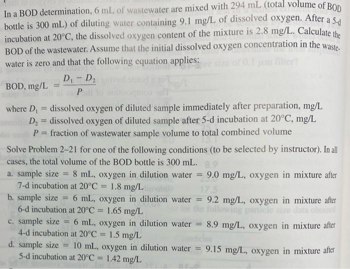 Solved In a BOD determination, 6 mL of wastewater are mixed | Chegg.com