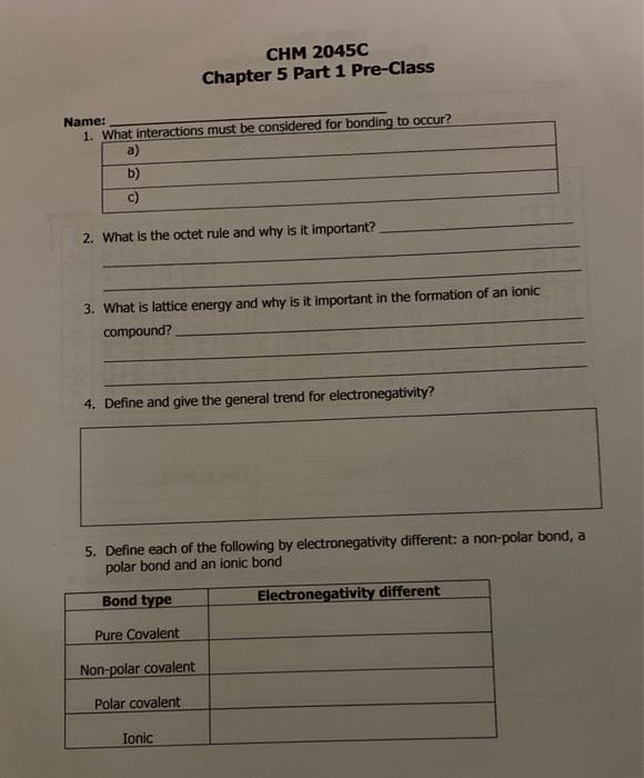 Solved CHM 2045C Chapter 5 Part 2 In-Class Name: 3. Use the | Chegg.com
