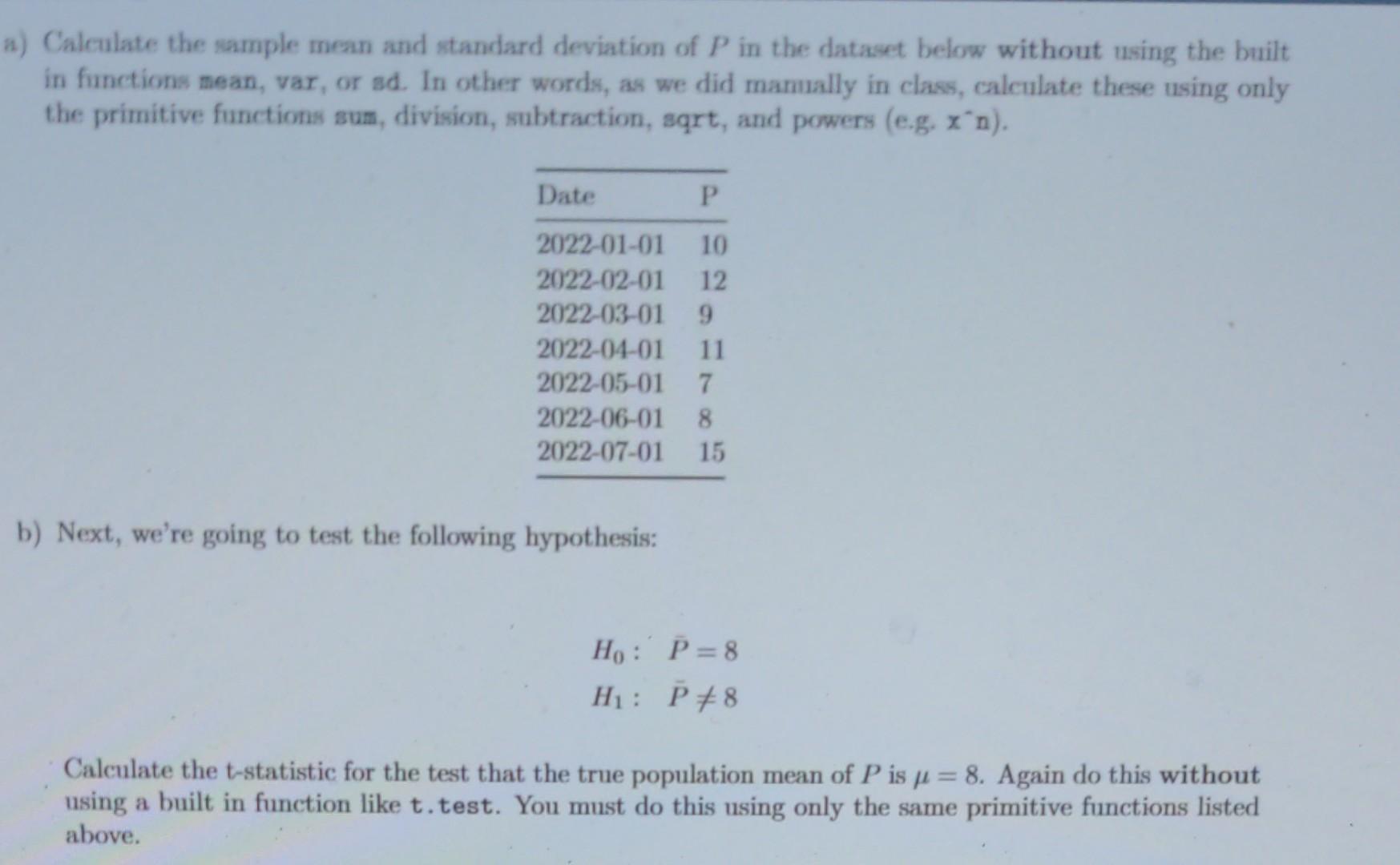 Solved a) Calculate the sample mean and standard deviation | Chegg.com