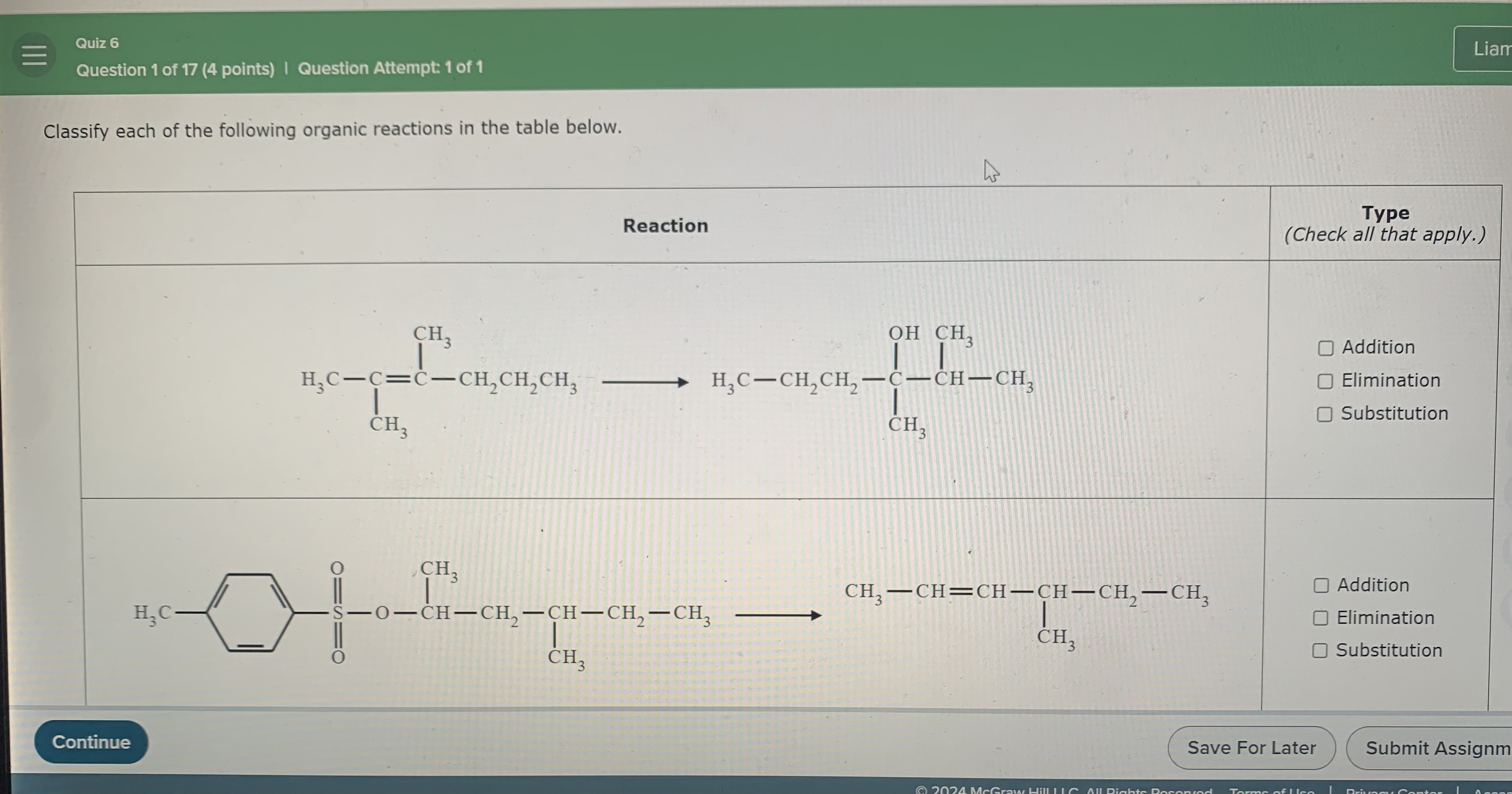 Solved Classify each of the following organic reactions in | Chegg.com