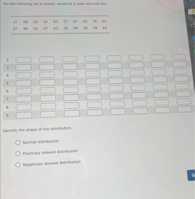 Solved For the following set of scores, construct a stem and | Chegg.com