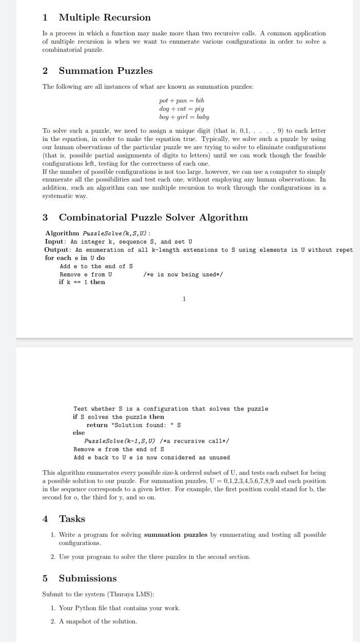 Solved 1 Multiple Recursion Is a process in which a function | Chegg.com