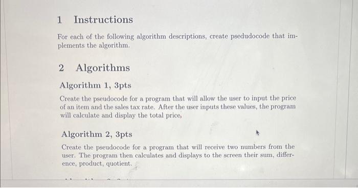 Solved 1 Instructions For each of the following algorithm | Chegg.com