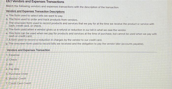 Solved E6.1 Vendors And Expenses Transactions Match The | Chegg.com