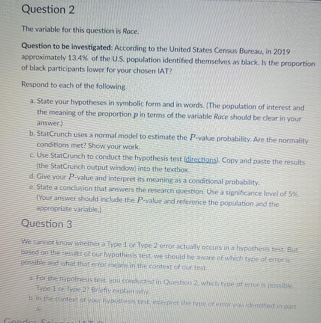 Solved The variable for this question is Race. Question to | Chegg.com