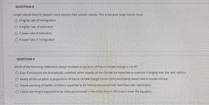 Solved QUESTIONS Larger Islands tend to support more species | Chegg.com