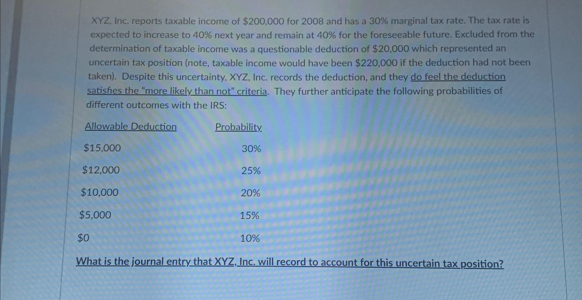 Solved xYZ, ﻿Inc. reports taxable income of $200,000 ﻿for | Chegg.com