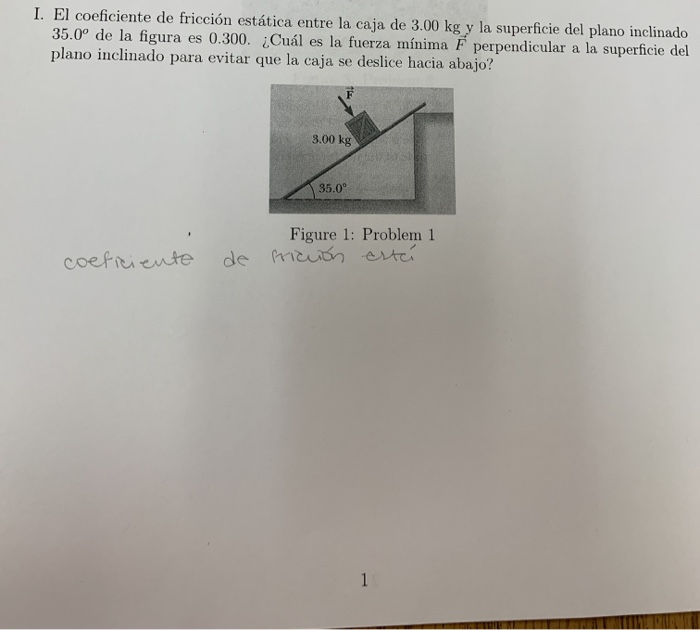 Solved I. El coeficiente de fricción estática entre la caja | Chegg.com