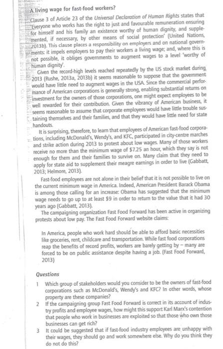 Solved A Living Wage For Fast-food Workers? Clause 3 Of | Chegg.com