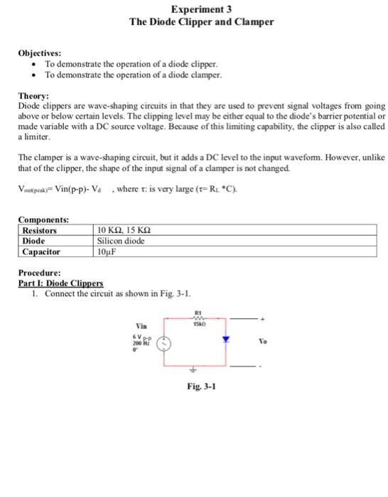 Solved Experiment 3 The Diode Clipper and Clamper | Chegg.com