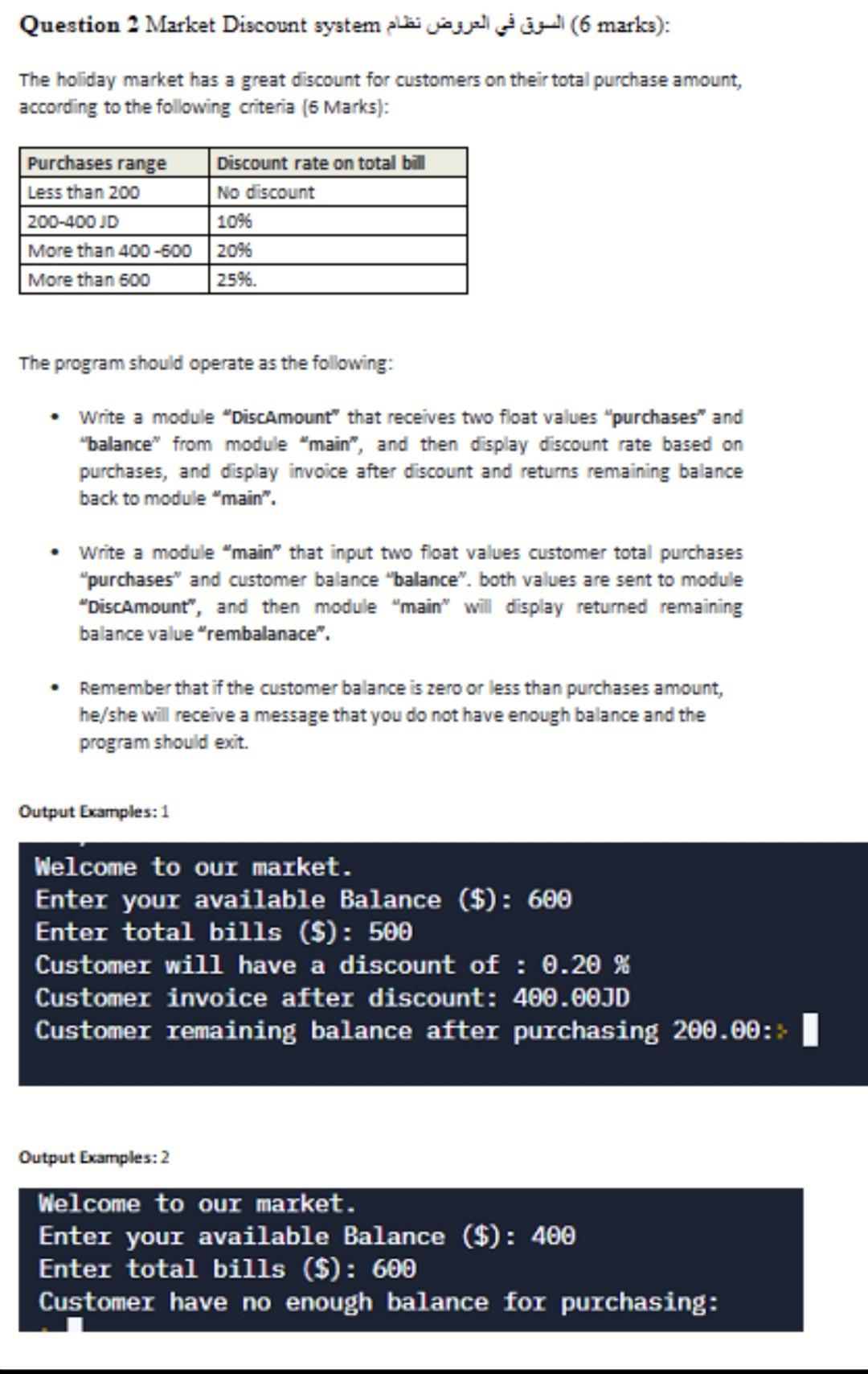 Solved Question 2 Market Discount system (6 marks): The | Chegg.com