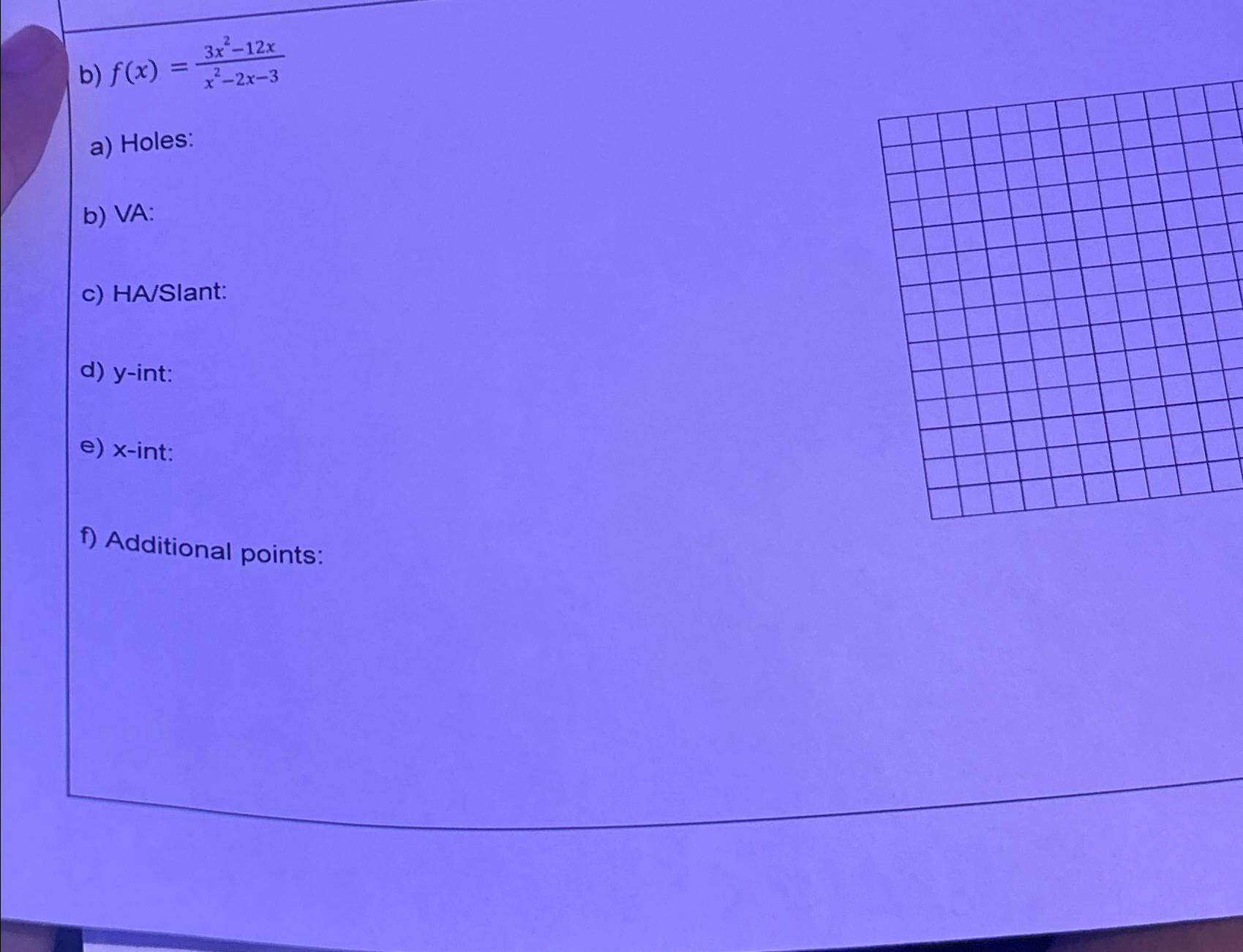 Solved b) f(x)=3x2-12xx2-2x-3a) ﻿Holes:b) ﻿VA:c) | Chegg.com