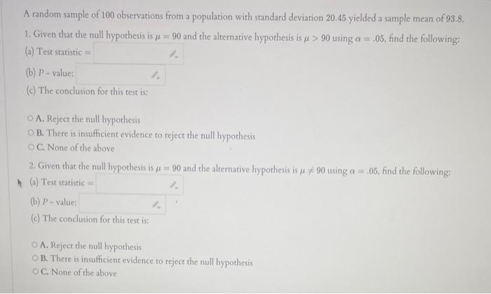 Solved A Random Sample Of 100 Observations From A Population | Chegg.com