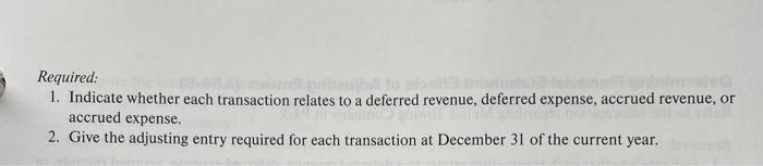 Required:
1. Indicate whether each transaction relates to a deferred revenue, deferred expense, accrued revenue, or accrued e