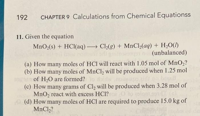 Solved 192 CHAPTER 9 Calculations from Chemical Equationss | Chegg.com