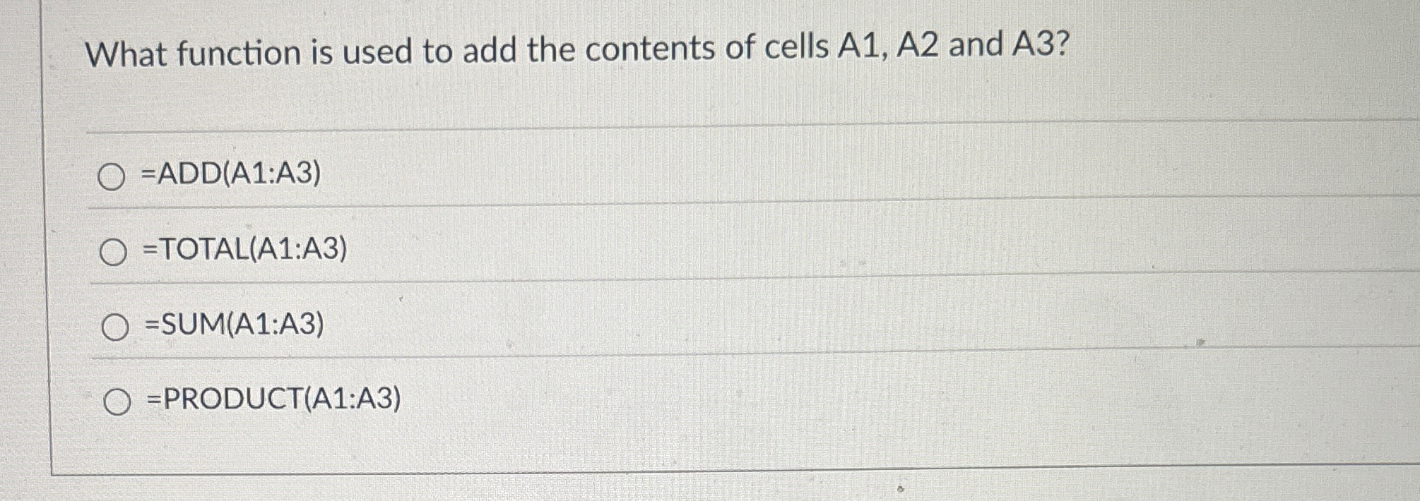 Solved What function is used to add the contents of cells | Chegg.com
