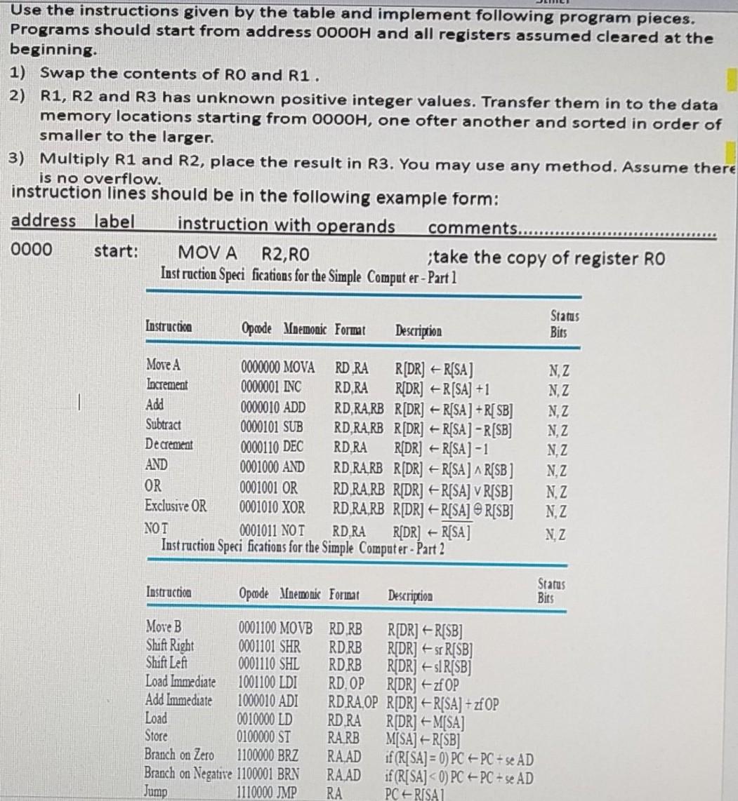 Solved Use the instructions given by the table and implement | Chegg.com