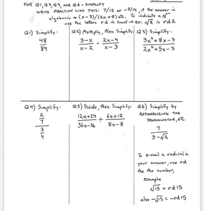 Solved FOR Q1, Q3, Q4, and Q6 - SIMPLIFY WRITE FRACTION LIKE | Chegg.com