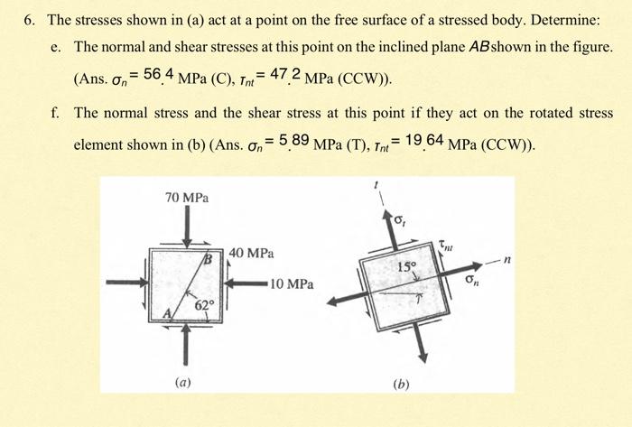 Solved 6. The stresses shown in (a) act at a point on the | Chegg.com