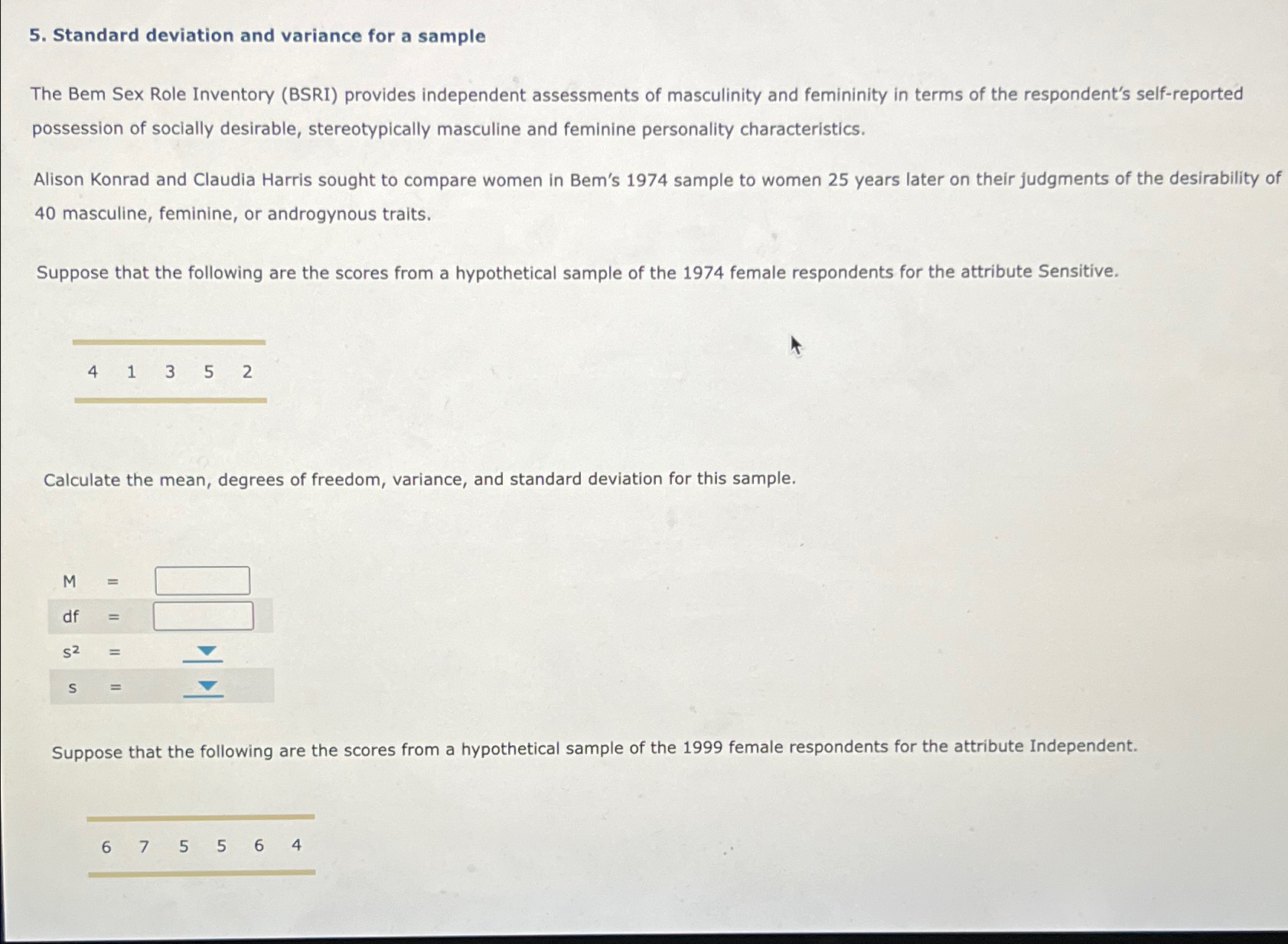 Solved Standard deviation and variance for a sampleThe Bem | Chegg.com