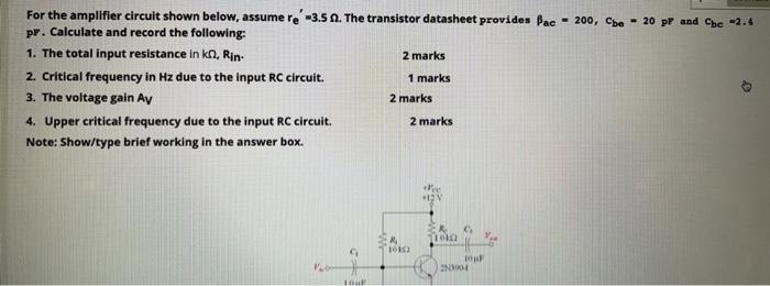 Solved For the amplifier circuit shown below, assume | Chegg.com