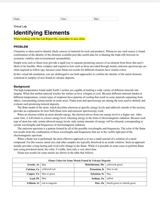 Name Class Date Virtual Lab Identifying Elements When | Chegg.com