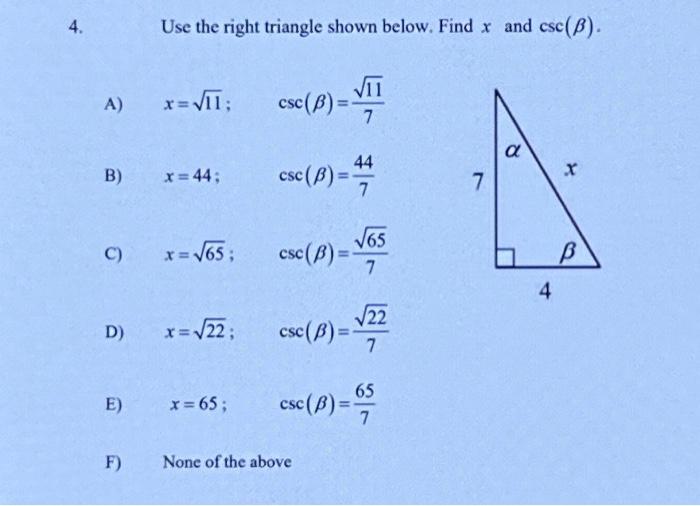 Solved 4 a b c d e f use the right triangle shown chegg