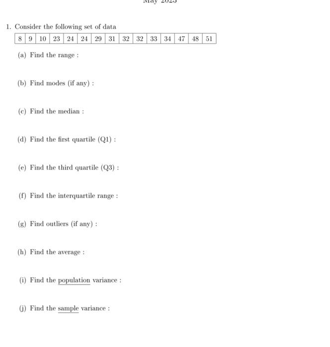 Solved 1. Consider the following set of data (a) Find the | Chegg.com