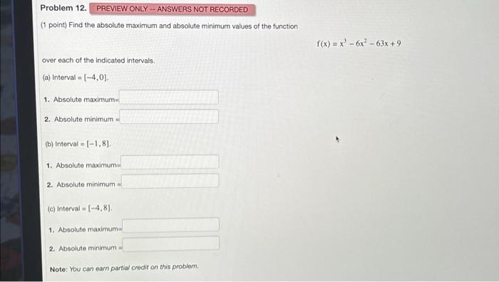Solved (1 point) Find the absolute maximum and absolute | Chegg.com