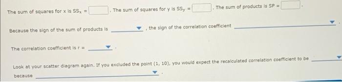 The sum of squares for x is SS. -
The sum of squares for y is SS, -
The sum of products is SP =
Because the sign of the sum o
