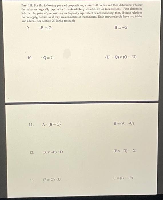 Solved Part III. For The Following Pairs Of Propositions, | Chegg.com