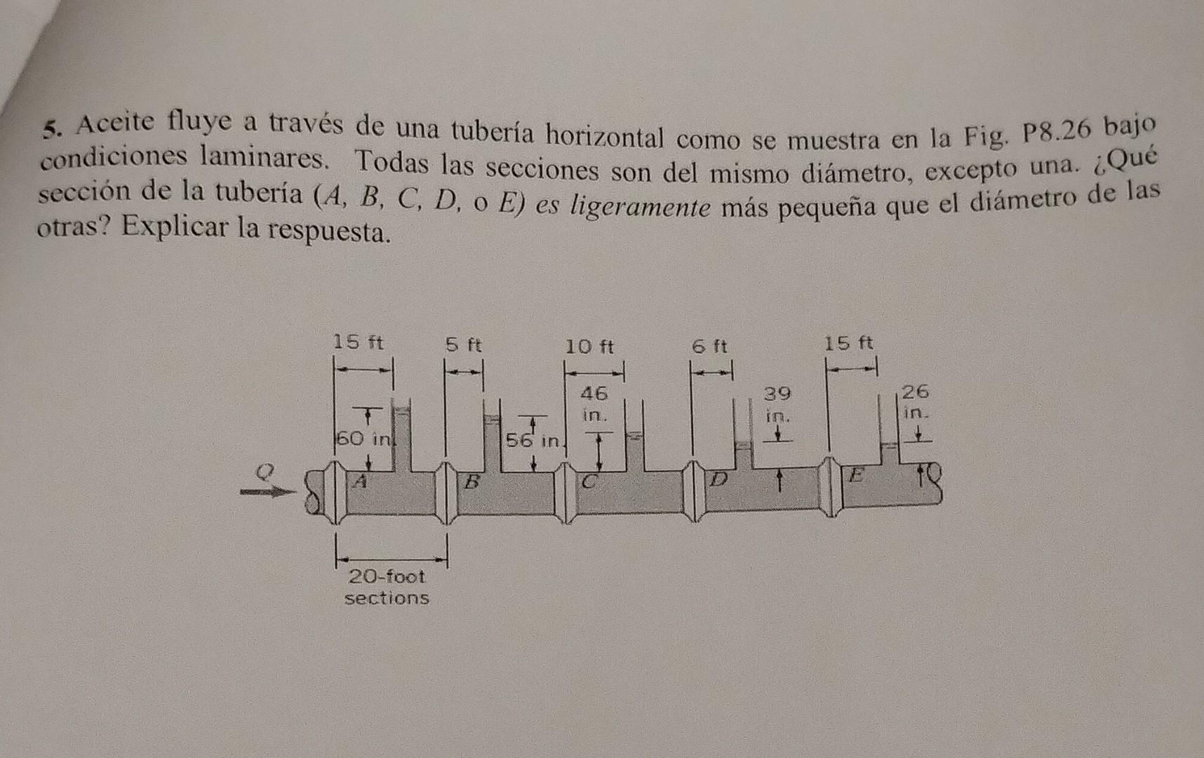 5. Aceite fluye a través de una tubería horizontal como se muestra en la Fig. P8.26 bajo condiciones laminares. Todas las sec