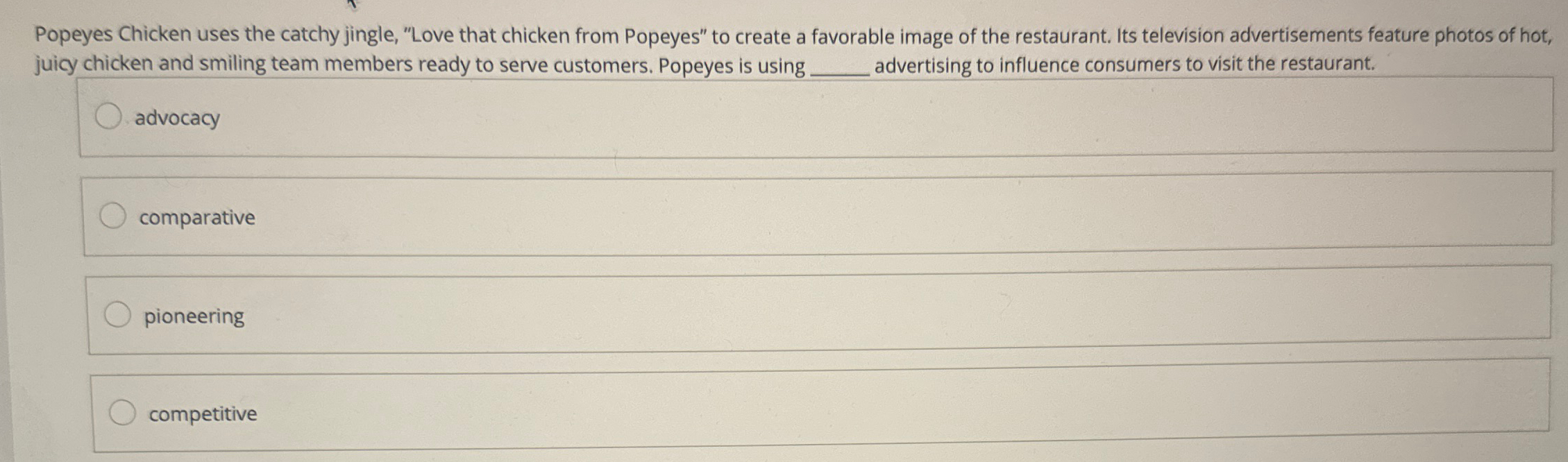 Solved Popeyes Chicken uses the catchy jingle, "Love that