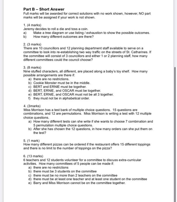 Solved Part B - Short Answer Full Marks Will Be Awarded For | Chegg.com