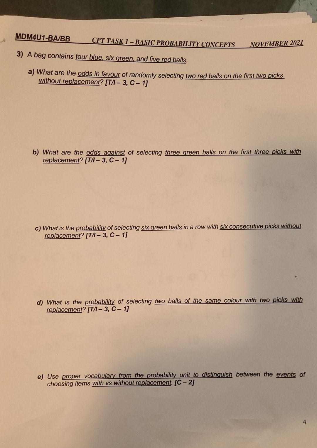Solved MDM4U1-BA/BB CPT TASK 1-BASIC PROBABILITY CONCEPTS | Chegg.com