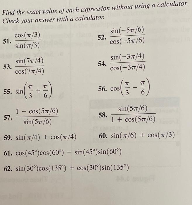 Solved Find the exact value of each expression without using | Chegg.com
