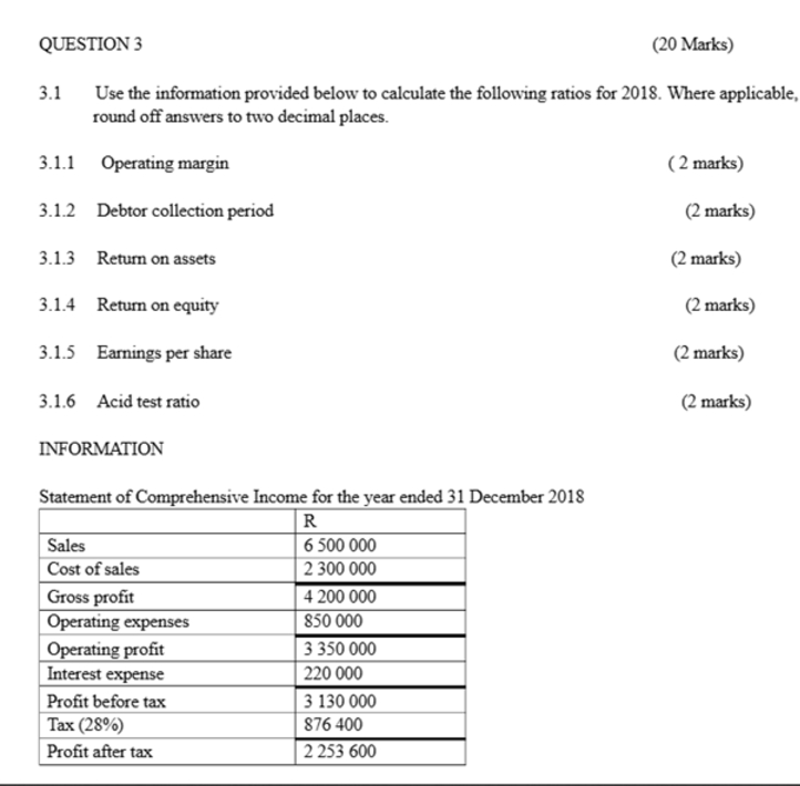 QUESTION 3 (20 ﻿Marks) 3.1 ﻿Use the information | Chegg.com